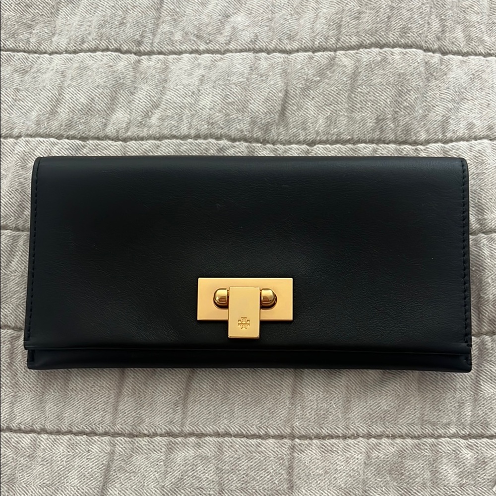 Tory Burch Black and Gold Continental Wallet in extremely excellent condition